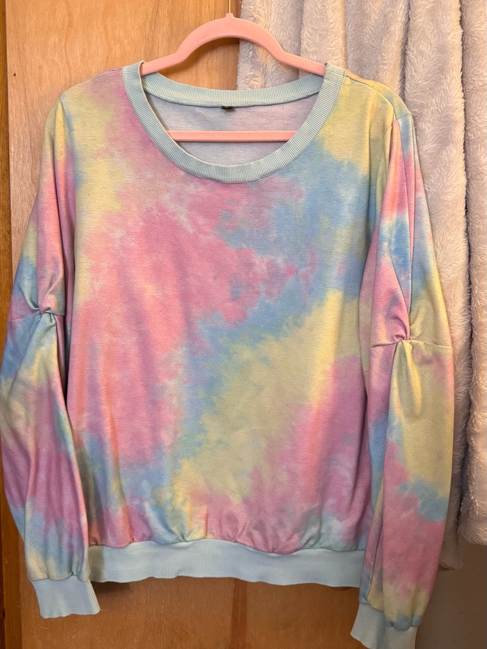 Pastel Tie Dye Sweatshirt Womens Large Pink Blue Yellow Pullover Lounge Top
